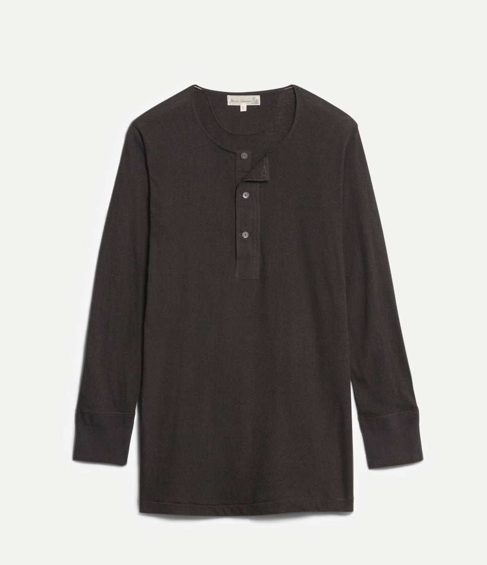 Black long-sleeve henley shirt on a white background