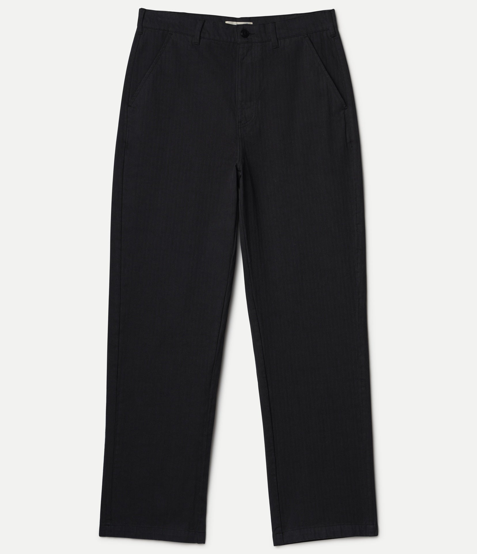 Black straight-leg trousers shown flat against a light gray background.