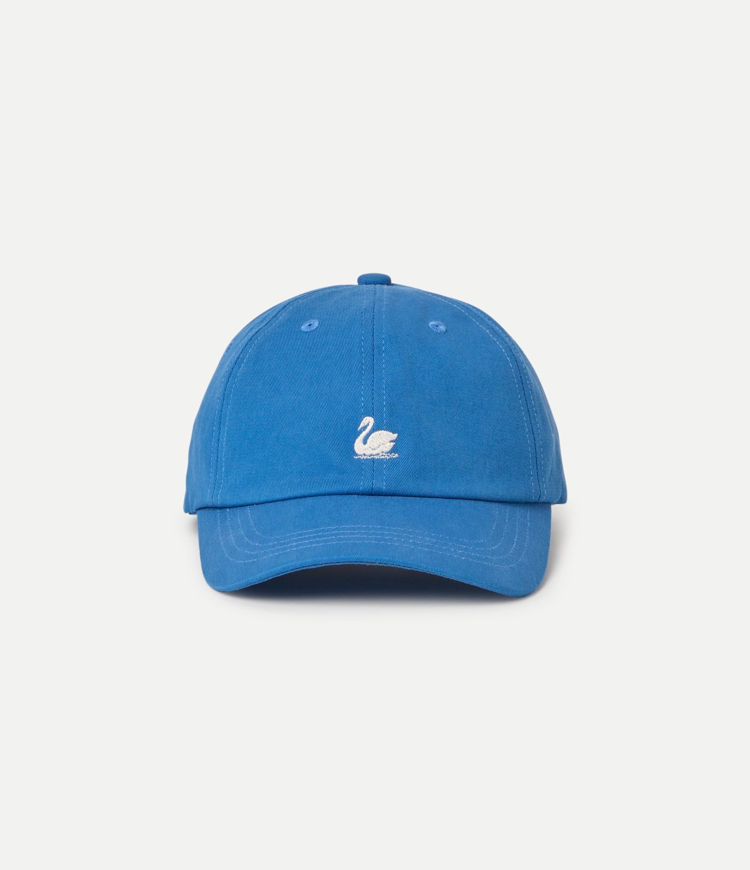 Blue cap with a white logo on a light gray background