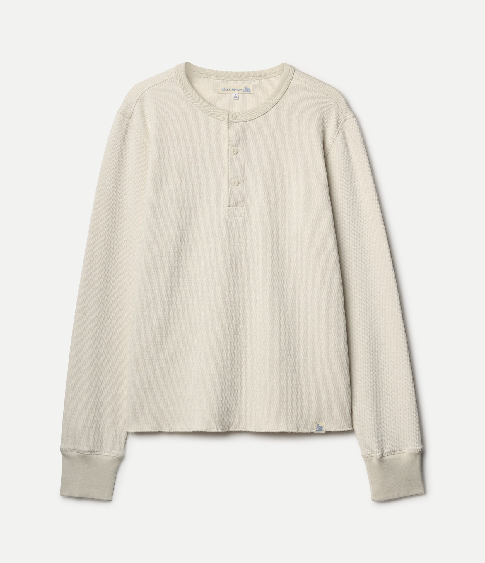 Beige long-sleeve henley shirt on a white background