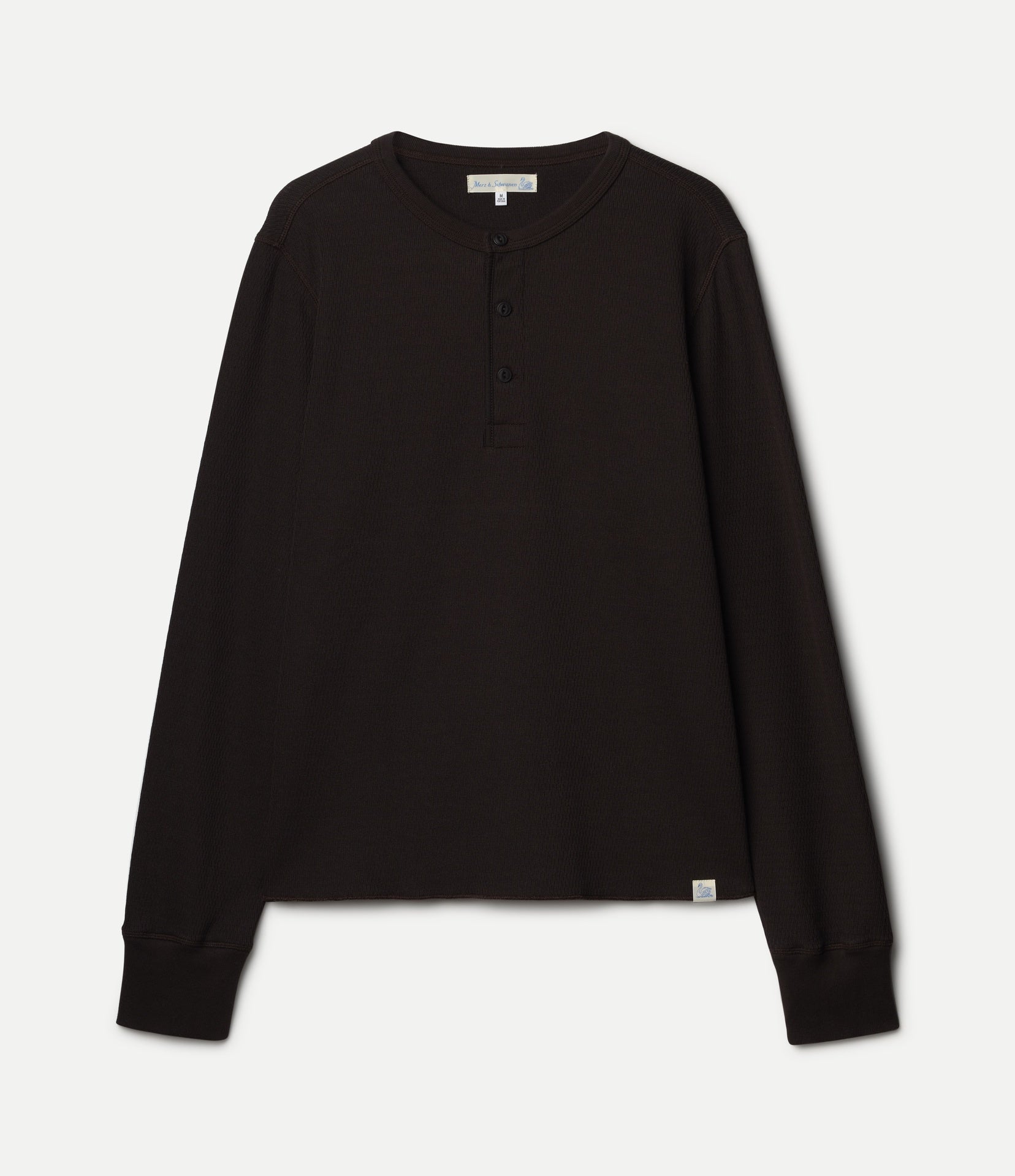 Espresso brown long-sleeve henley shirt on a white background