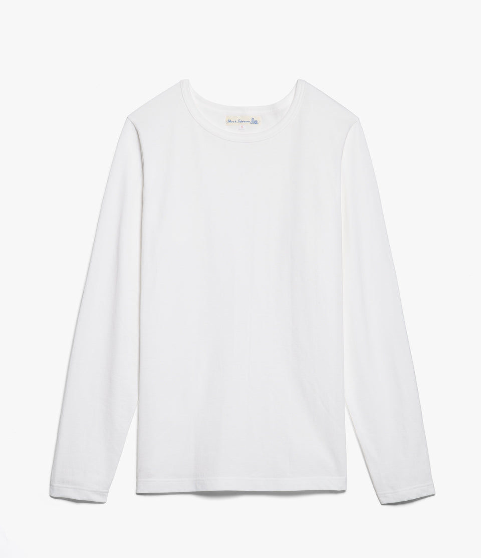 A white loopwheeled long-sleeved crew-neck t-shirt