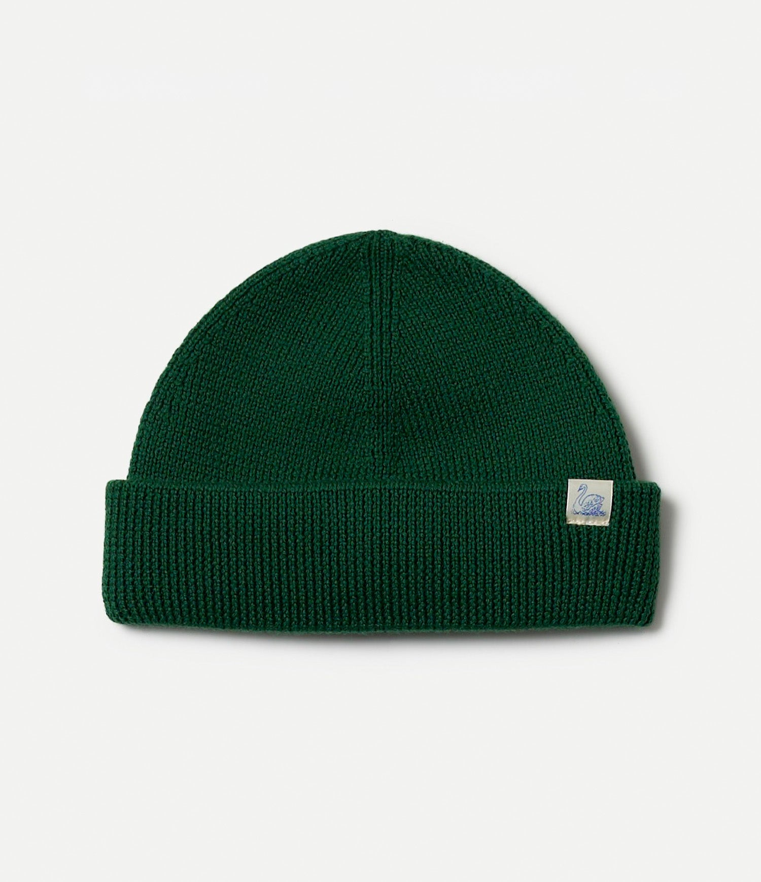 Green beanie with a Swan brand logo on a light gray background