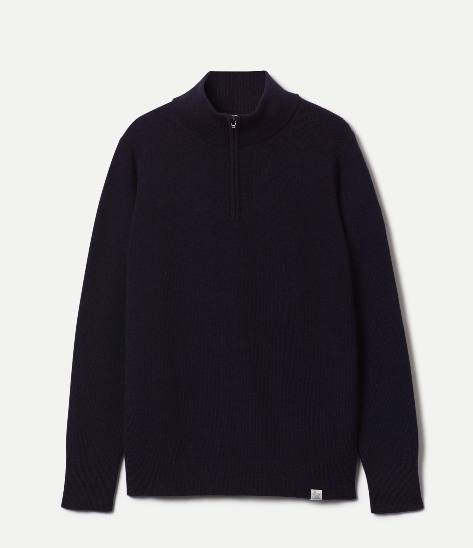 Navy long-sleeve sweater with a quarter-zip on a light gray background