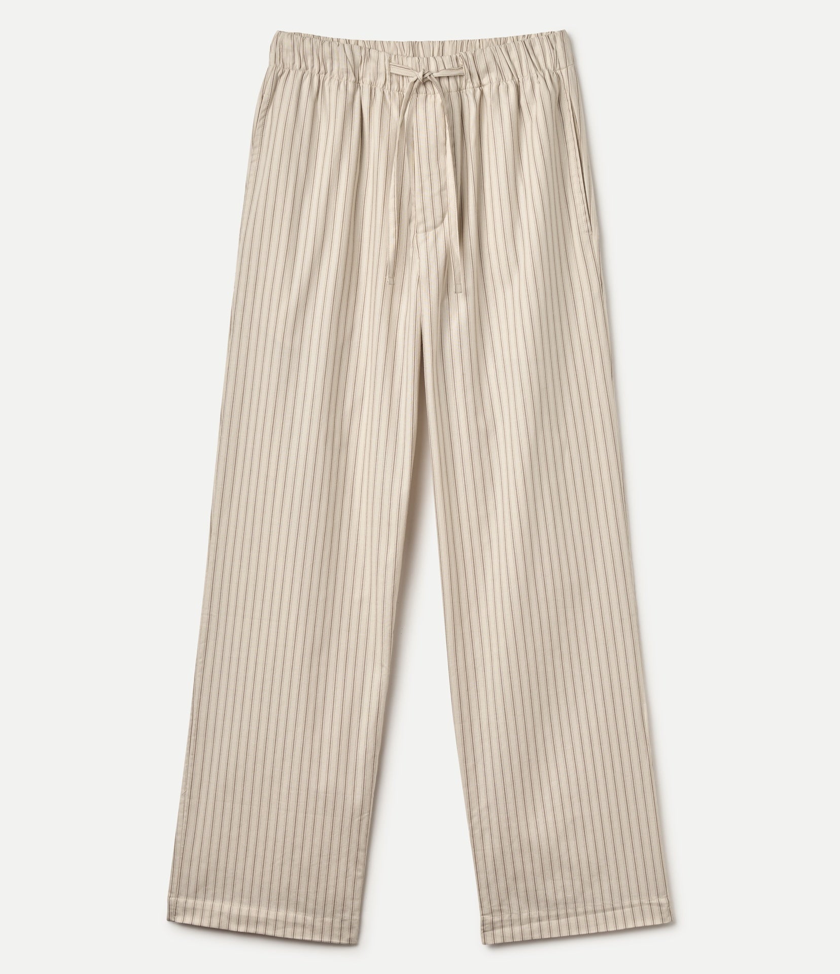 A pair of beige and white vertically striped lounge pants with an elastic drawstring waist, laid flat against a light off-white background.