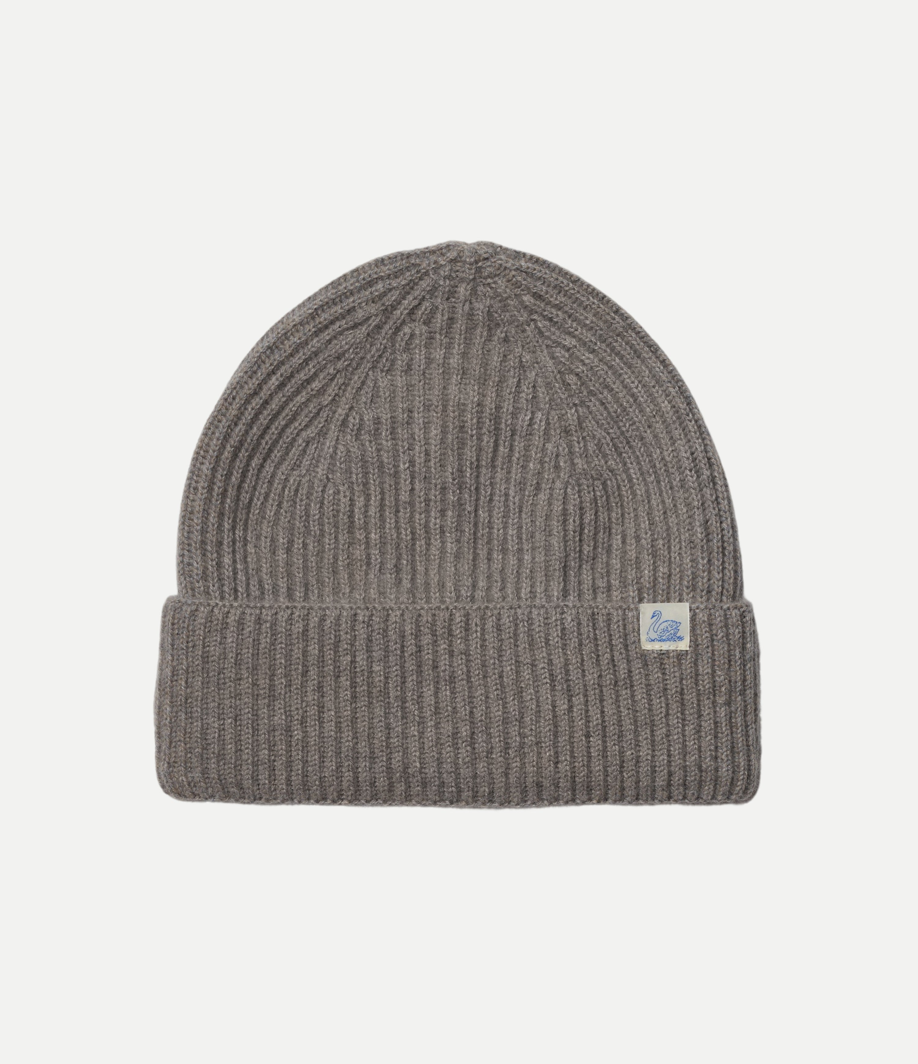 Brown knit beanie with a brand logo on a light gray background