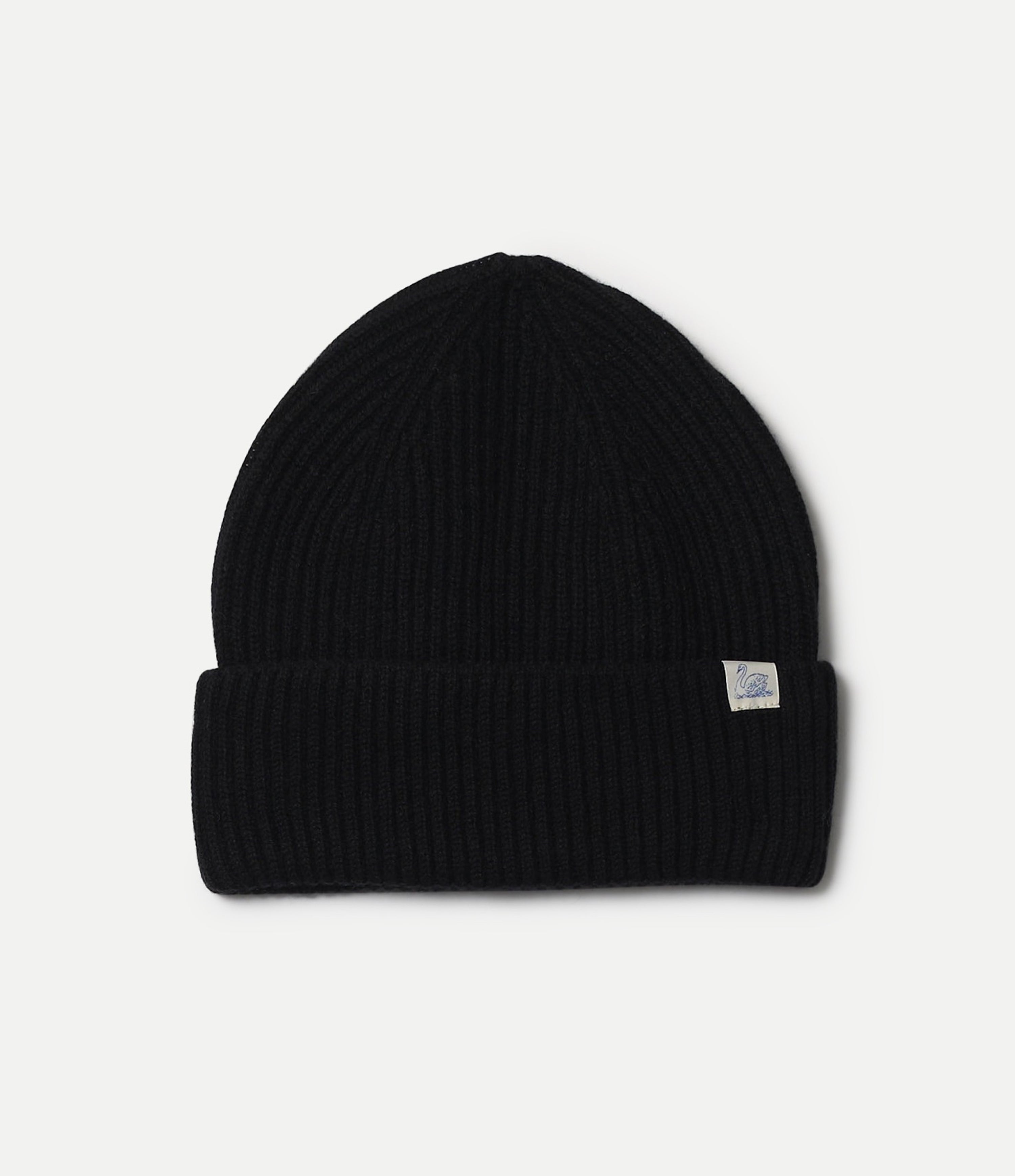 Black beanie with a brand logo on a light gray background